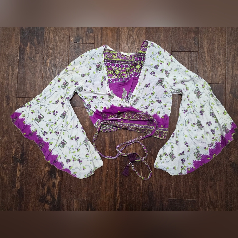Vintage Cotton Floral Wrap Top with Bell Sleeves